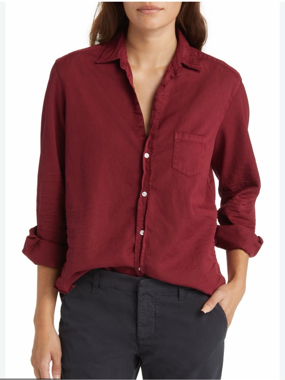 EUC Frank & Eileen Eileen Button-Up Shirt Cotton Small Garnet Burgundy Cashmere